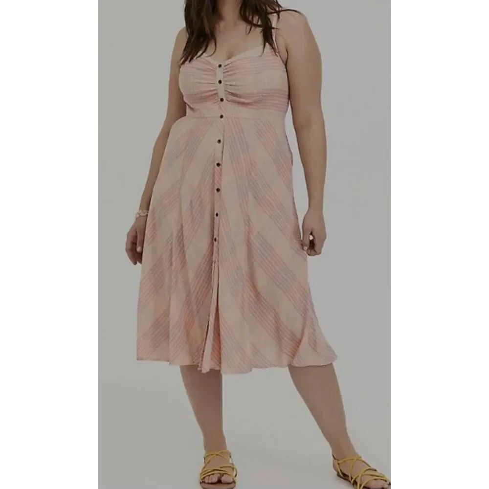 Torrid Peach Plaid Challis Button Front Midi Dress Size 1